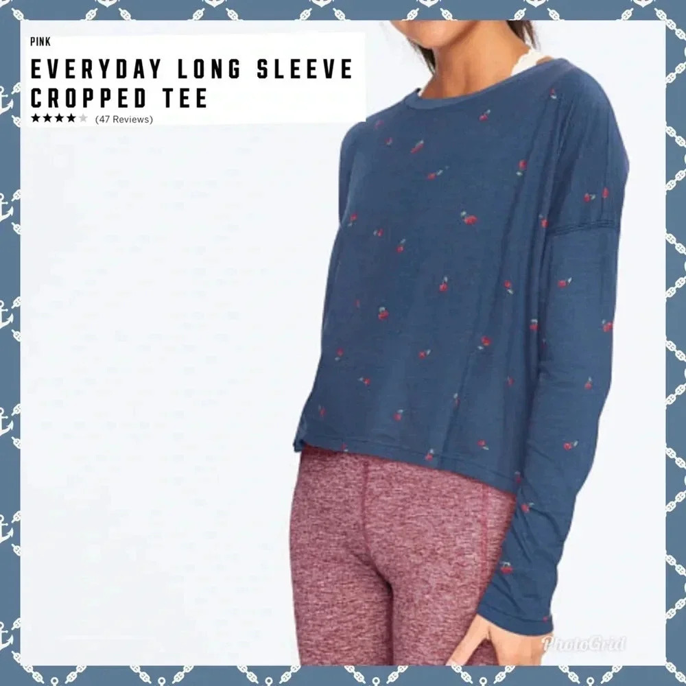 🆕PINK GIRLFRIEND LONG SLEEVE CHERRIES CROPPED TEE M🆕